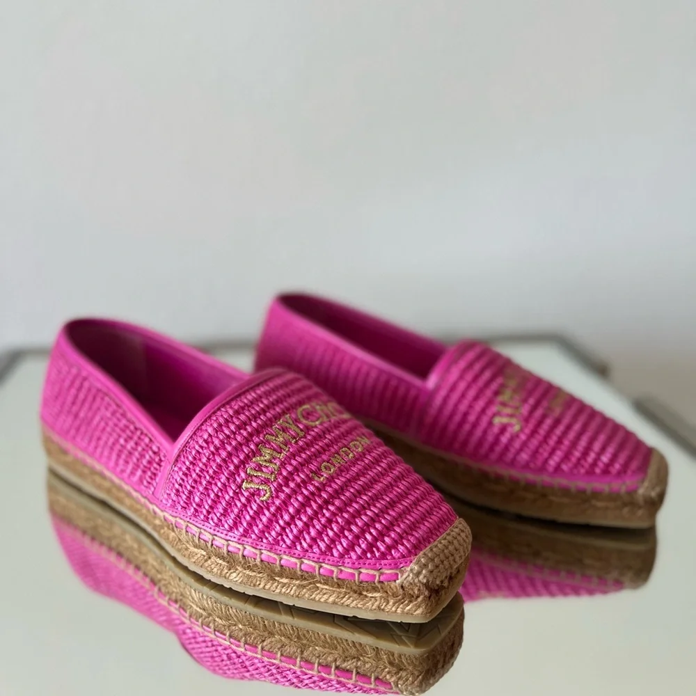 New JIMMY CHOO Brie Flat logo raffia espadrilles $595 37